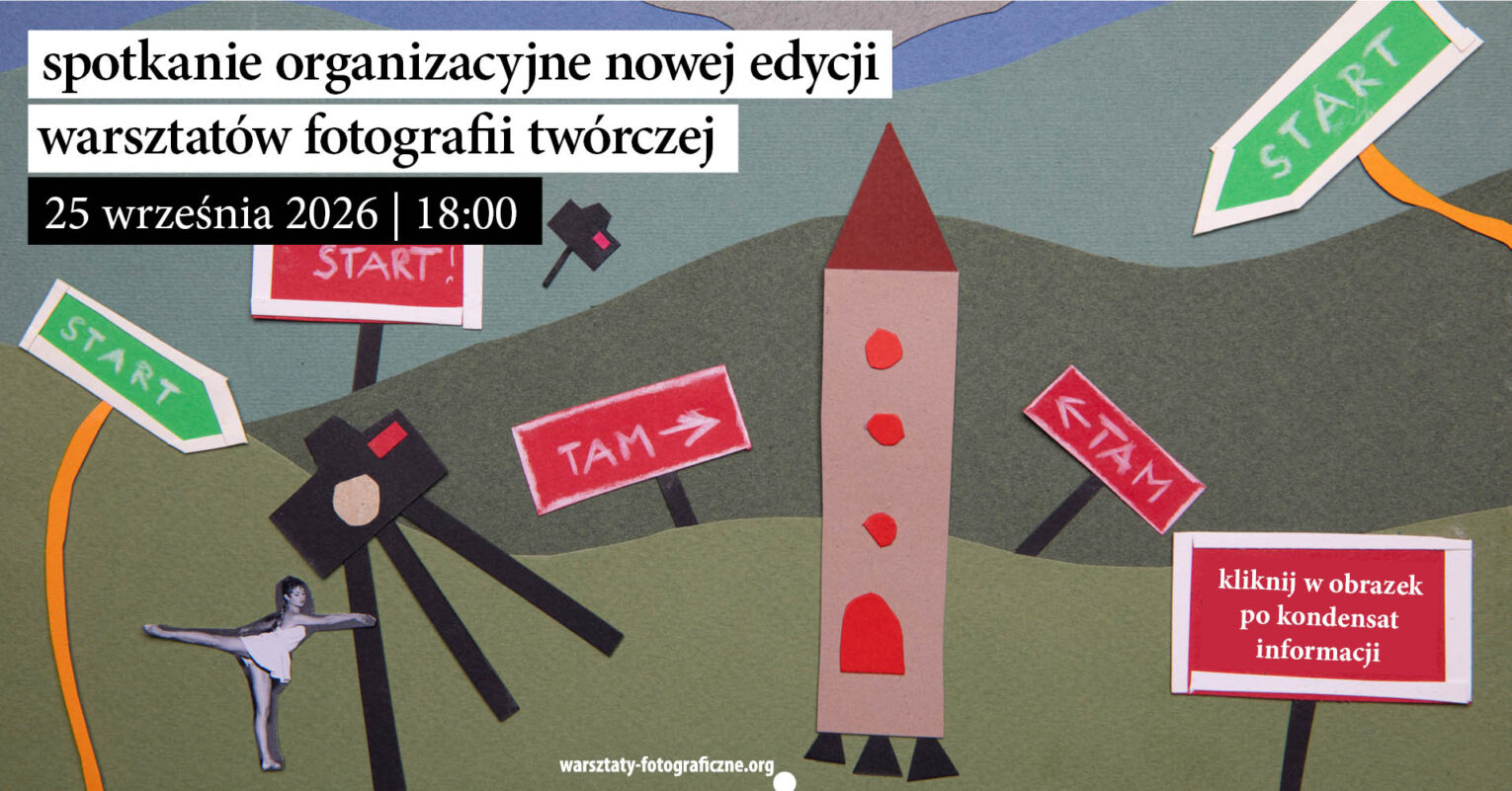 Skan wycinanki (kolażu) informującego o nowej edycji autorskich warsztatów fotografii twórczej w Katowicach.